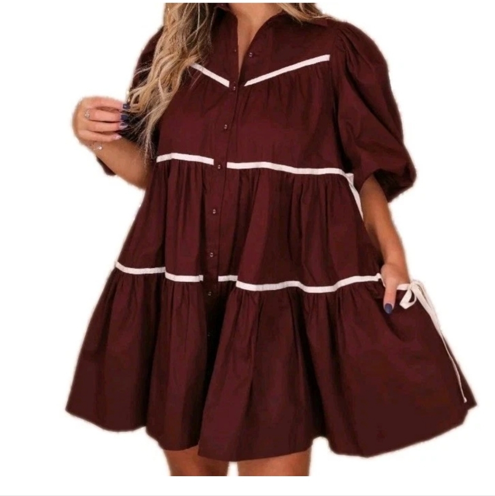 Piper Scoot When You Have It All Tiered Dress Large Burgundy Red Button Holiday